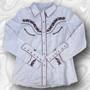 SCULLY Western Floral Embroidered Pearl Snap Button Up (Size Small)